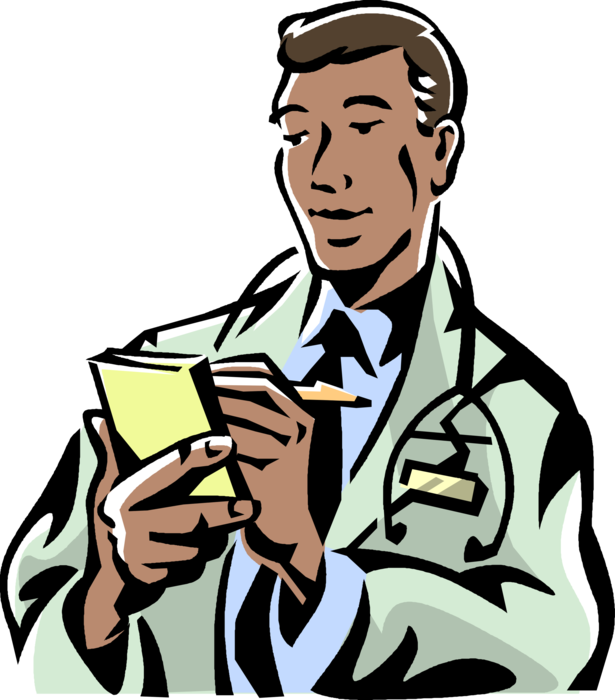 Vector Illustration of Health Care Professional Doctor Physician Writes Medication Prescription for Patient