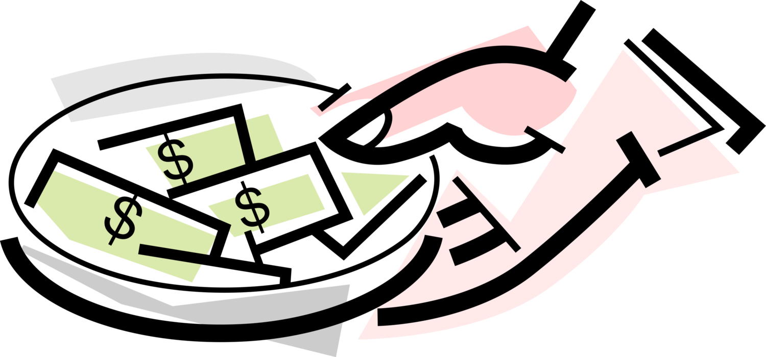 Vector Illustration of Hand Offers Donation Plate of Cash Money Dollar Bills