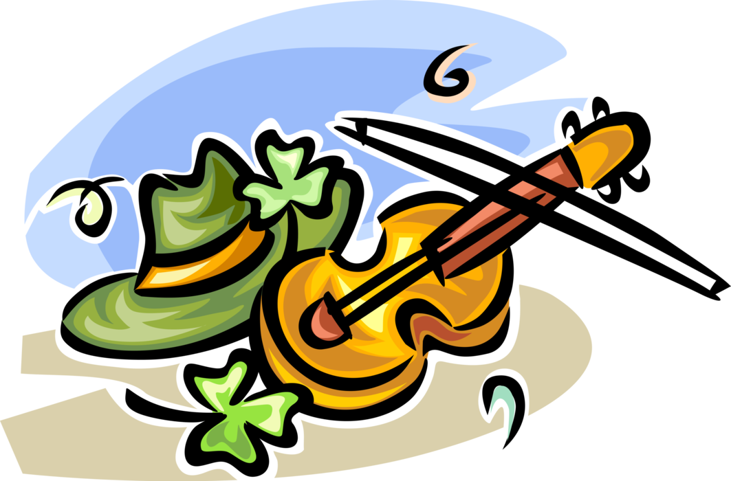 Vector Illustration of St Patrick's Day Irish Fiddle Violin with Shamrocks and St Patty's Day Green Hat