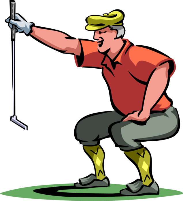 Vector Illustration of Retired Elderly Senior Citizen Golfer Lines Up Putt While Golfing on Golf Course Green