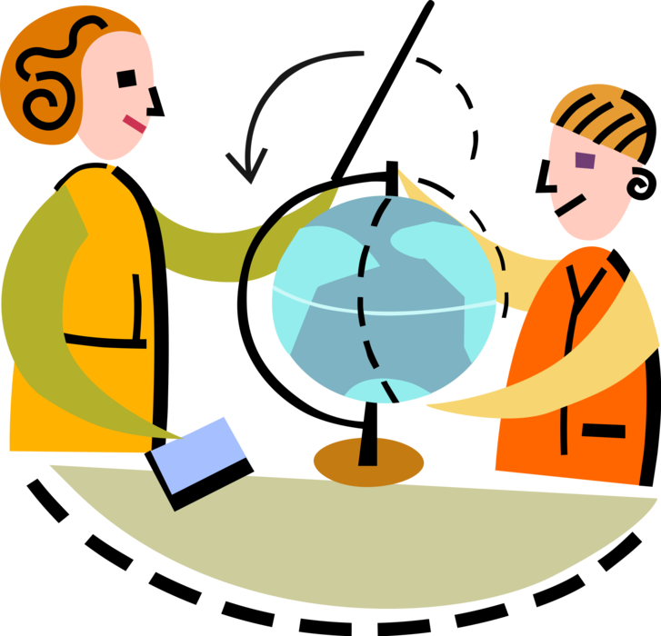 Vector Illustration of Geography Teacher with Student and Scale Model Terrestrial Geographical World Globe