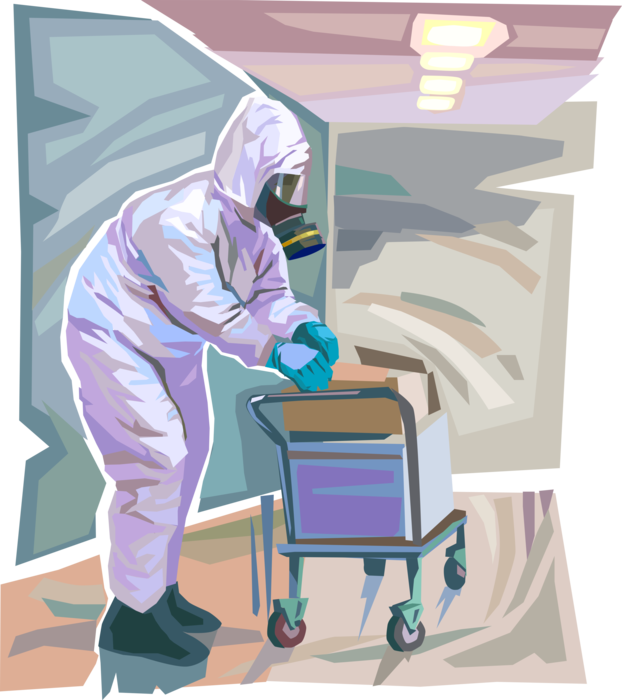 Vector Illustration of Homeland Security Personnel in Hazmat Protective Suit Searches for Hazardous Materials
