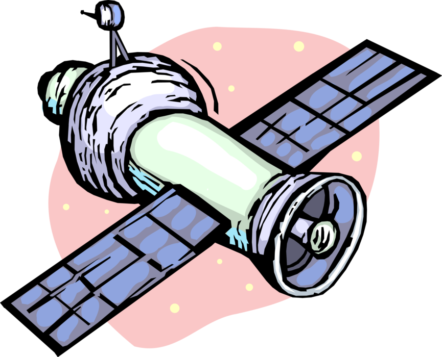 Vector Illustration of Communications Satellite Artificial Object in Outer Space Orbit Around Planet Earth
