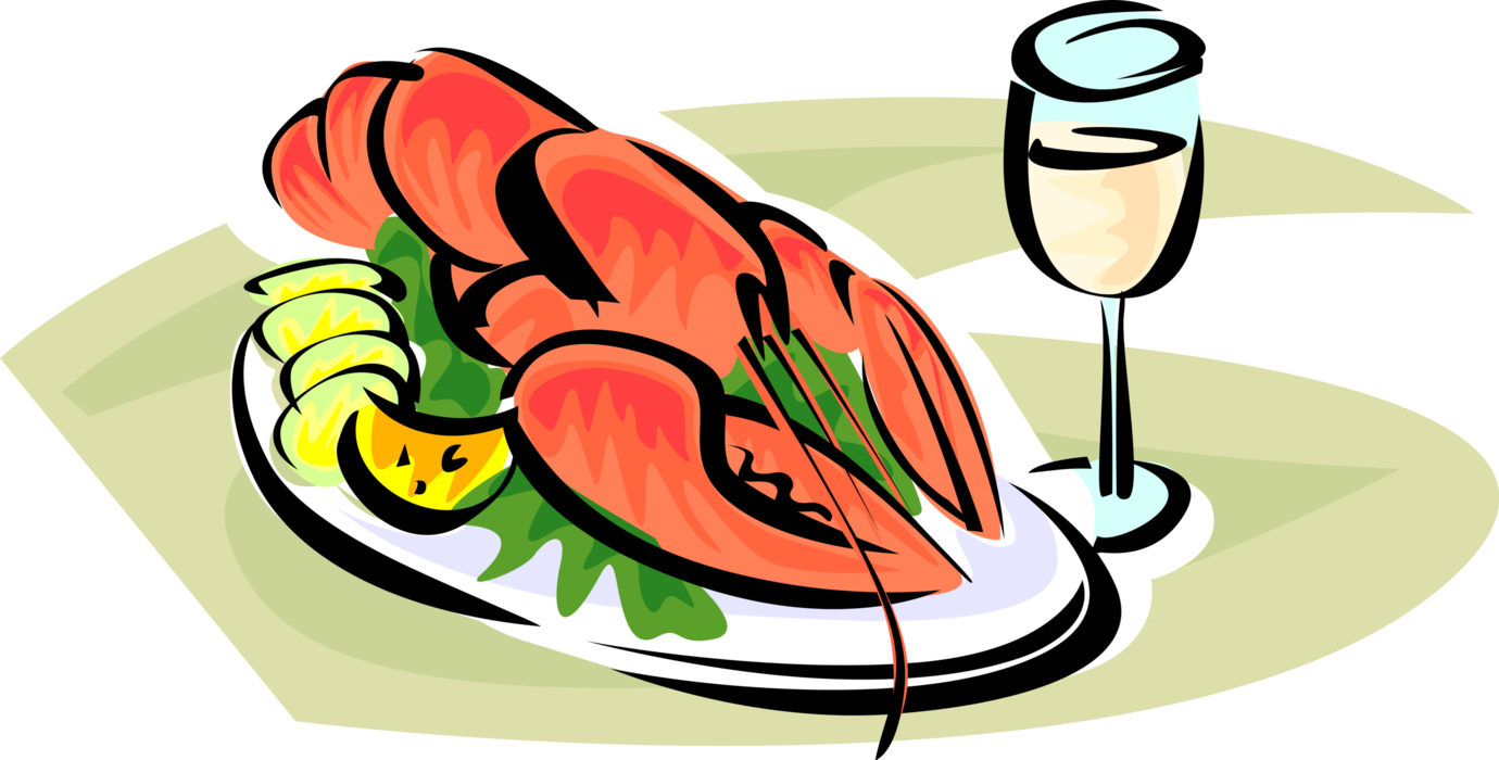 Vector Illustration of Clawed Lobster Shellfish Meal Marine Crustacean on Plate with Lemon and Wine Glass