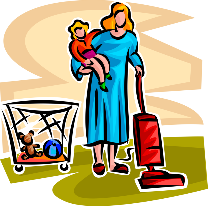 Vector Illustration of Mother Does Housework with Vacuum Cleaner While Looking After Infant Child