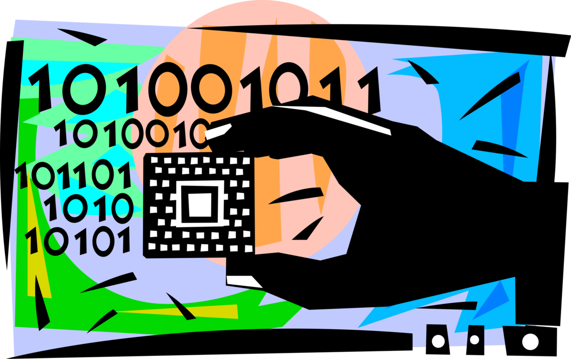 Vector Illustration of Integrated Circuit Microprocessor Microchip with Binary Code Digital Data