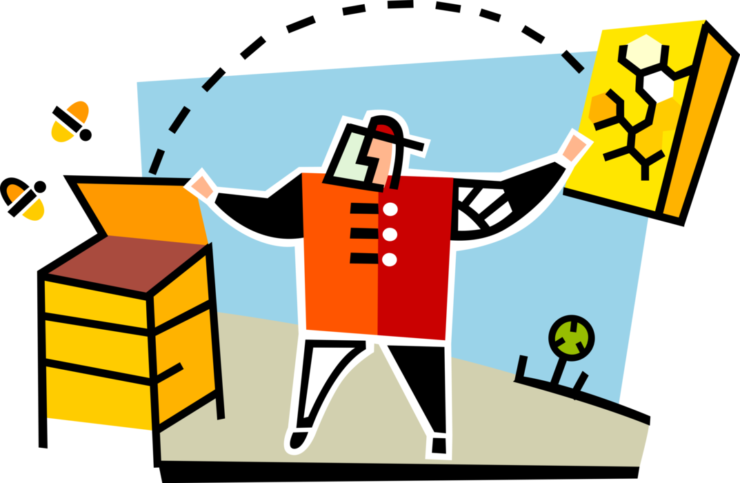 Vector Illustration of Beekeeper Apiarist Keeps Honeybee Honey Bees in Apiary Hive with Honeycomb