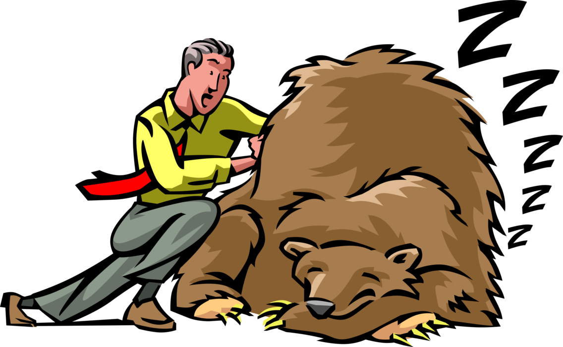 Vector Illustration of Financial Money Manager Tries to Wake Up Stock Market Sleeping Bear 