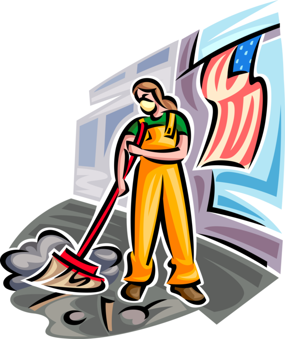 Vector Illustration of Ground Zero Volunteer Cleanup Worker with Broom Cleans Dirt and Debris After 9/11 Attack