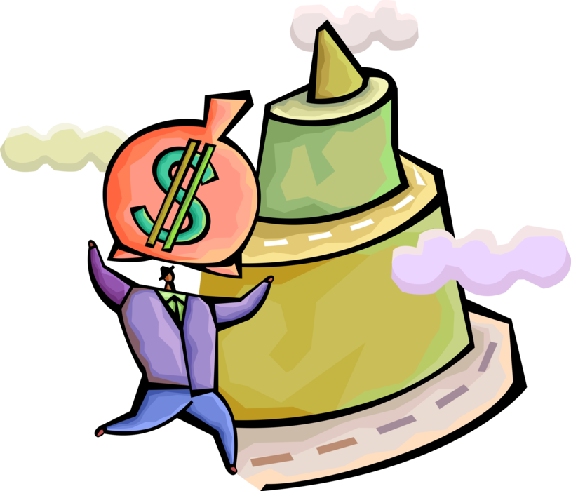 Vector Illustration of Successful Businessman Carries Financial Earnings Money Bag to Pinnacle of Success