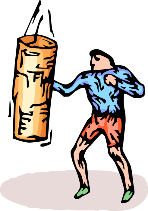 Vector Illustration of Prizefighter Pugilist Boxer Works on Heavy Bag Practice for Heavyweight Title Fight in Boxing Ring