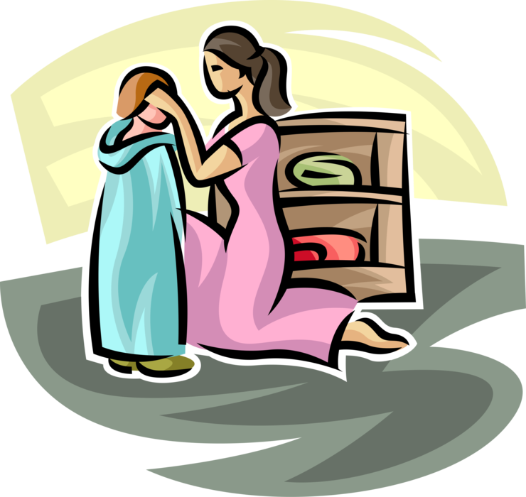 Vector Illustration of Mother Helps Young Child Get Dressed in Morning