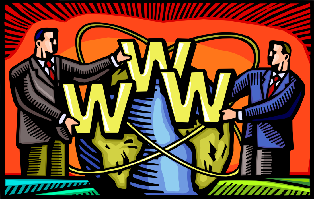 Vector Illustration of Businessmen Acclaim Power of World Wide Web WWW Online Internet for Worldwide Information Delivery