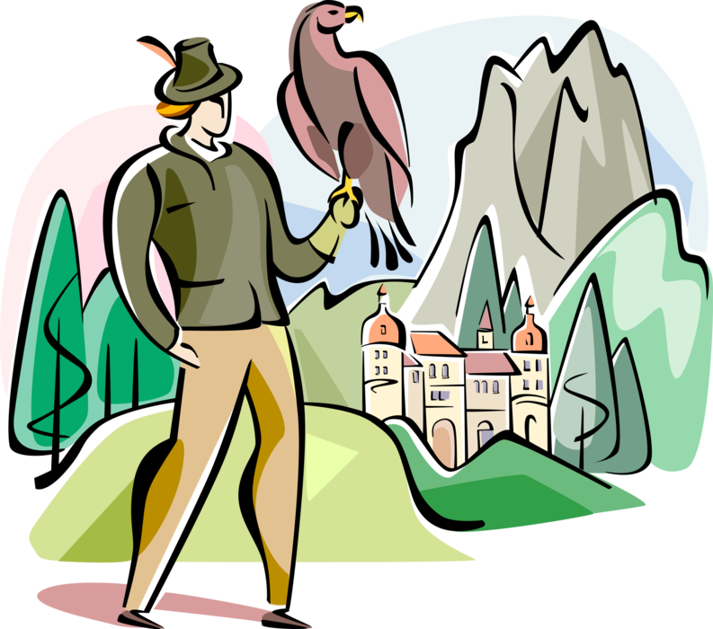 Vector Illustration of Falconer with Griffon Vulture, Austria County of Salzburg, Castle Bird of Prey