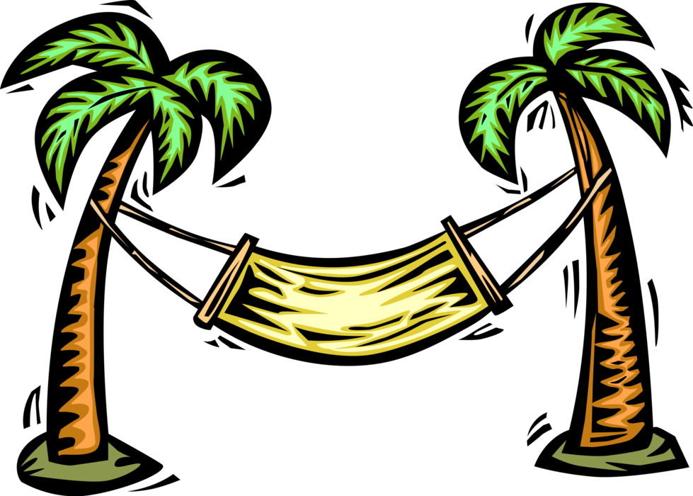 Vector Illustration of Hammock Suspended Between Palm Trees used for Swinging, Relaxing, Sleeping or Resting