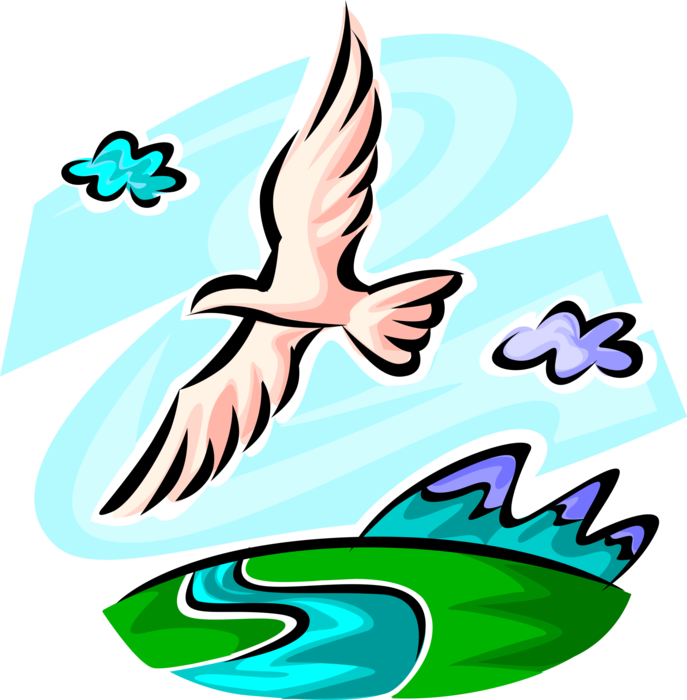 Vector Illustration of Seagull Bird Flies in Healthy Ecosystem Natural Environment