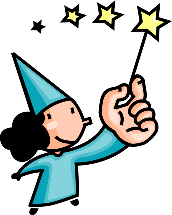 Vector Illustration of Sorcerer Sorceress Wizard Magician Waves Magic Wand with Stars 