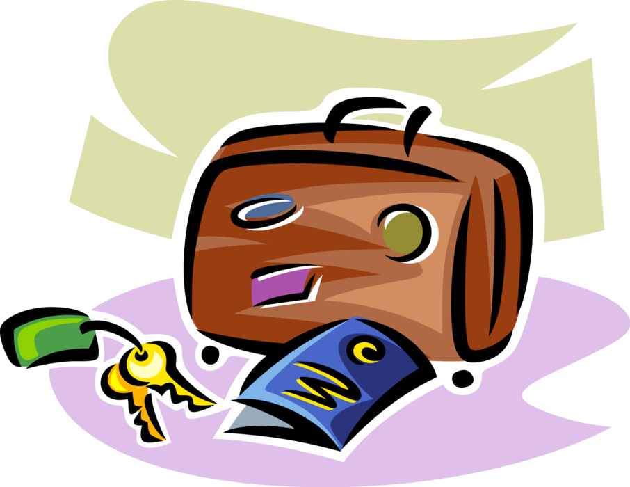 Vector Illustration of Rental Car Keys, Travel Suitcase Luggage and Airline Ticket