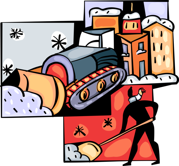 Vector Illustration of Snow Removal Equipment in Winter with Homeowner Shoveling Laneway