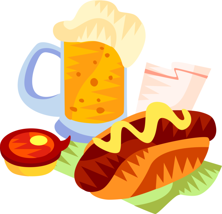 Vector Illustration of German Bratwurst Oktoberfest Sausage with Stein of Frothy Beer Ale