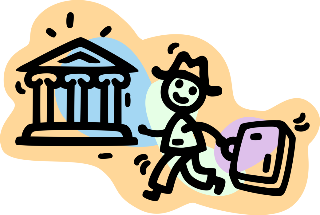 Vector Illustration of Businessman Makes Large Deposit at Financial Institution Bank with Classical Column Architecture