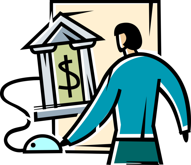 Vector Illustration of Businesswoman Accesses Online Internet Personal Finance Banking Services with Computer Mouse Pointer