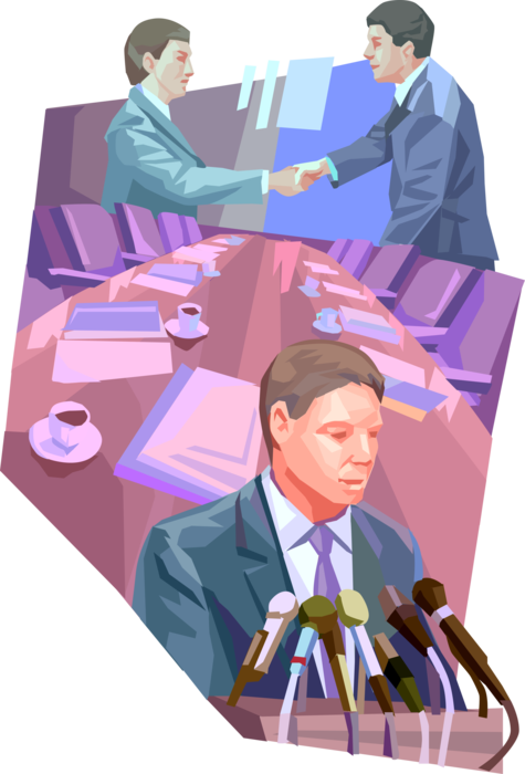 Vector Illustration of Office Boardroom Handshake Introduction with Press Conference Speaker at Podium with Microphones