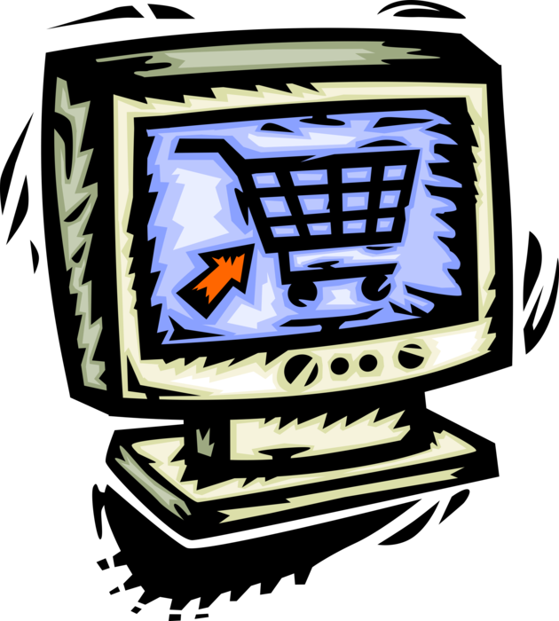 Vector Illustration of Online Ecommerce Transactions with Computer and Shopping Cart