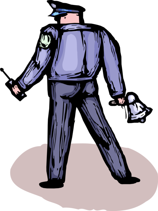 Vector Illustration of Law Enforcement Police Officer Controls Demonstrators with Megaphone or Bullhorn to Amplify Voice