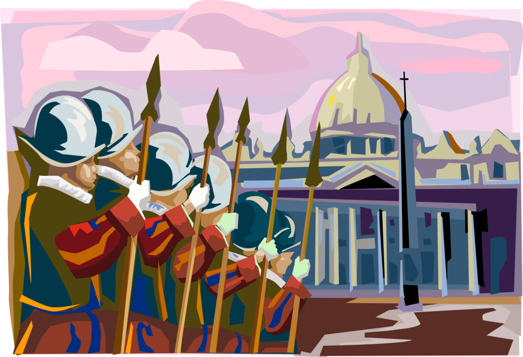 Vector Illustration of Pontifical Swiss Guards at St. Peter's Basilica, Vatican City, Rome , Italy