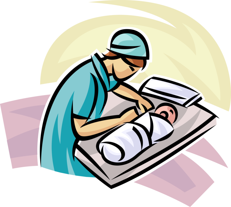 Vector Illustration of Hospital Maternity Ward Obstetrics Nurse Wraps Newborn Infant Baby in Blanket