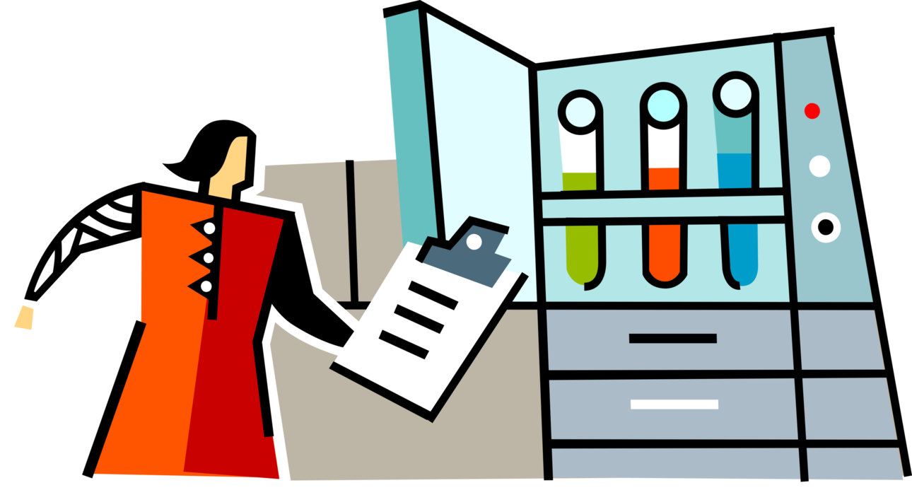 Vector Illustration of Science Laboratory Technician with Clipboard Portable Writing Surface and Glassware Test Tubes