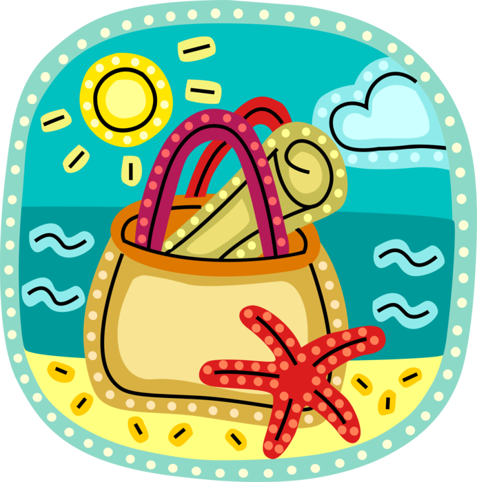 Vector Illustration of Day at the Beach with Towel Blanket, Seashell, Seashore, Sunshine, Beach Bag