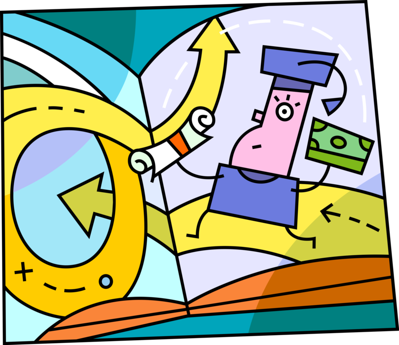 Vector Illustration of High School, College and University Graduate with Diploma Chooses Career Destination