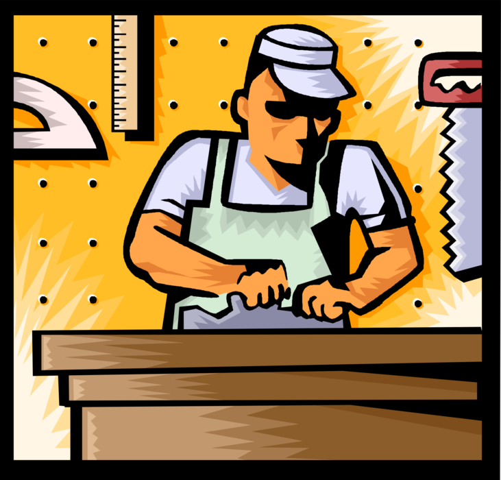 Vector Illustration of Carpenter Working in Workshop with Lumber Woodworking Tools