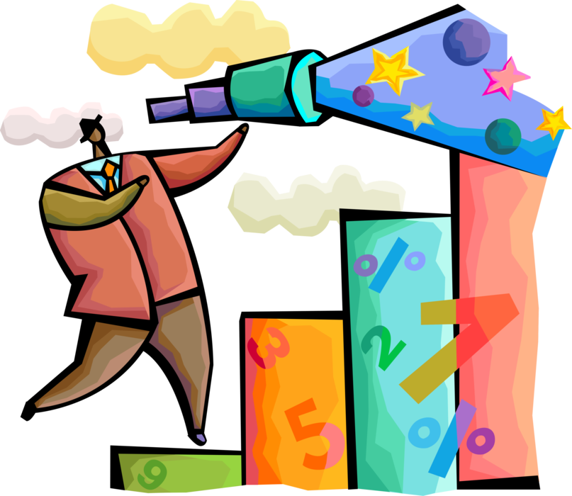 Vector Illustration of Businessman Forecasts Business Markets with Telescope and Infographic Charts