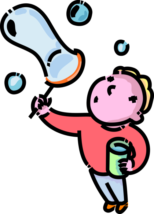 Vector Illustration of Primary or Elementary School Student Boy Blows Soap Bubbles