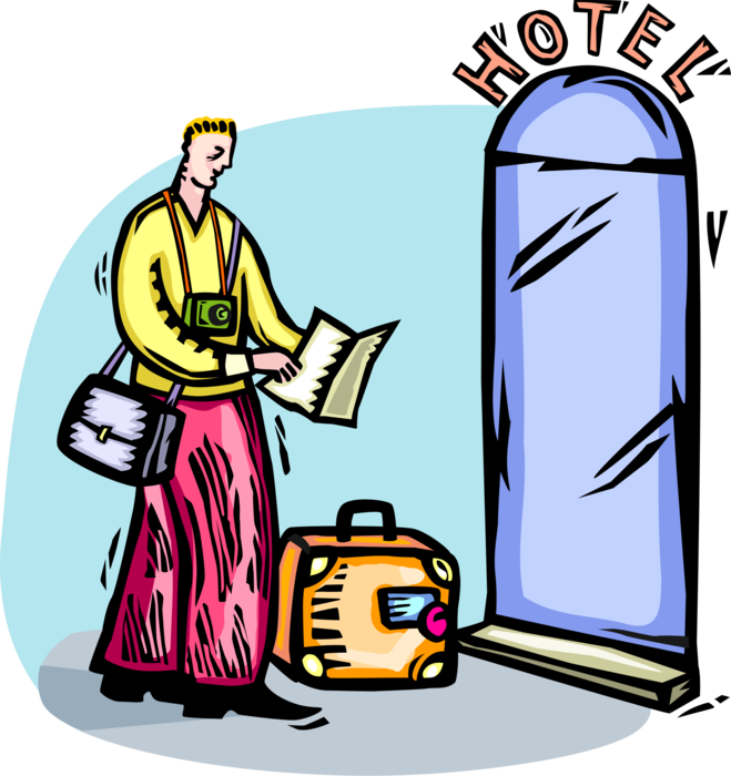 Vector Illustration of Holiday Vacation Traveler Arrives at Hotel Providing Tourist Travelers with Overnight Lodging