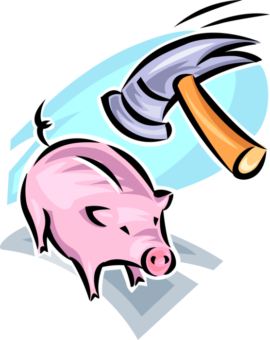 Vector Illustration of Hammer Smashes Financial Money Savings Piggy Bank 