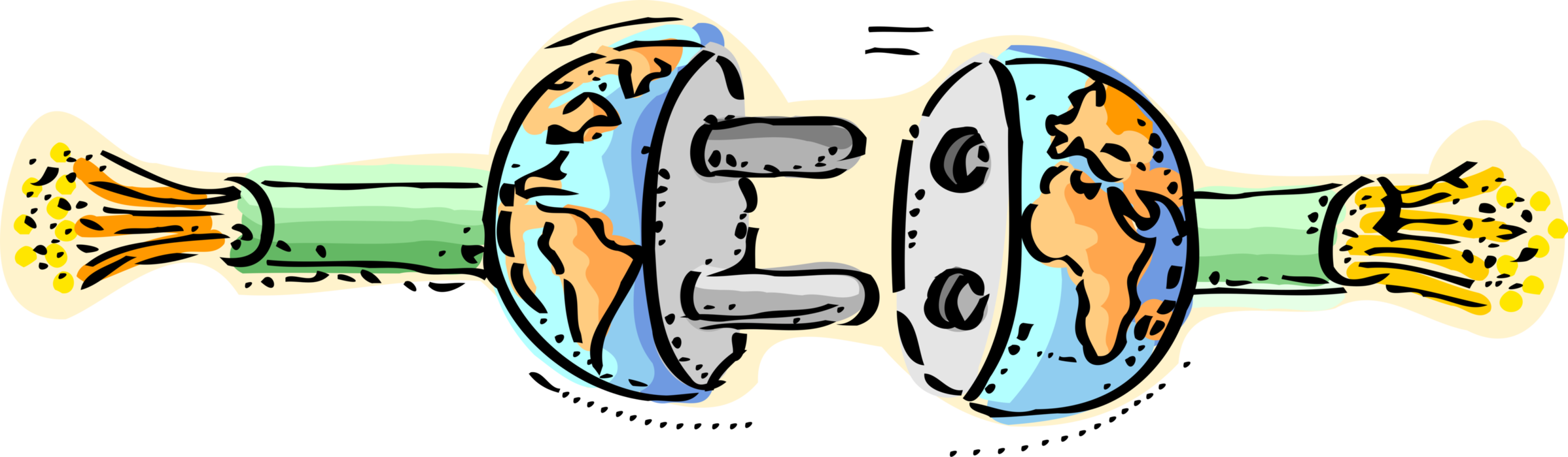 Vector Illustration of Wired World Planet Earth as Electric Plug Transmits Light Signals in Fiber-Optic Communications