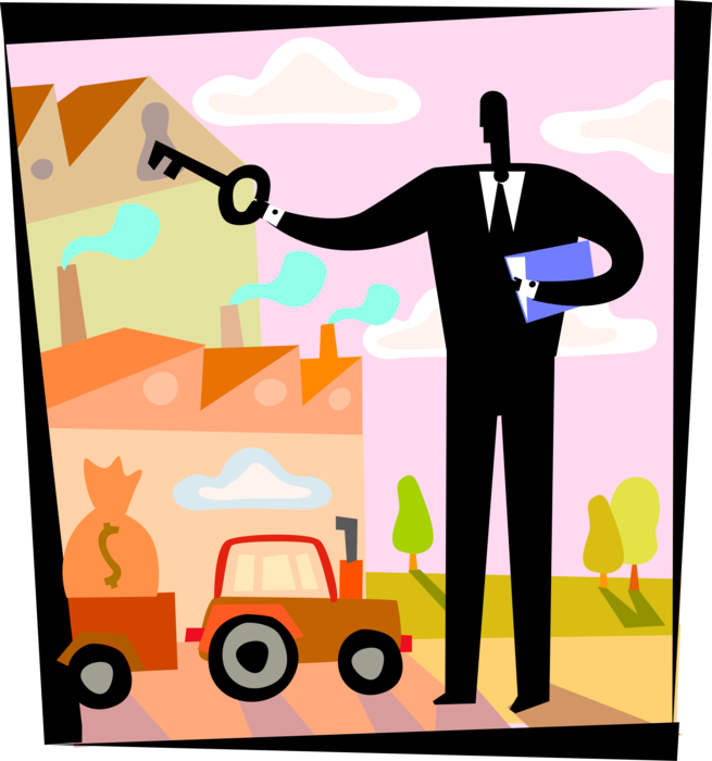 Vector Illustration of Businessman Holds Security Key to Initiate Industrial Factory Production to Generate Financial Profit