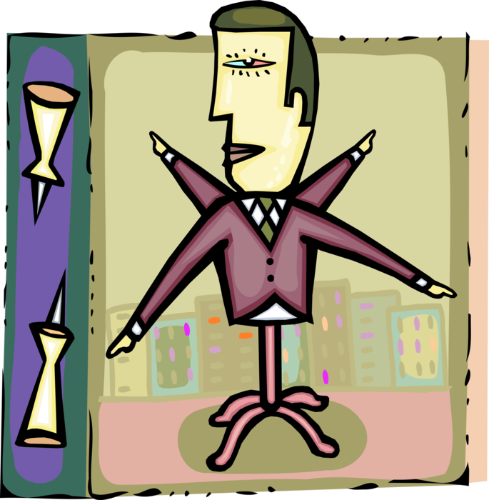 Vector Illustration of Businessman Seeks Direction with Spinning Pointing Arrow Arms
