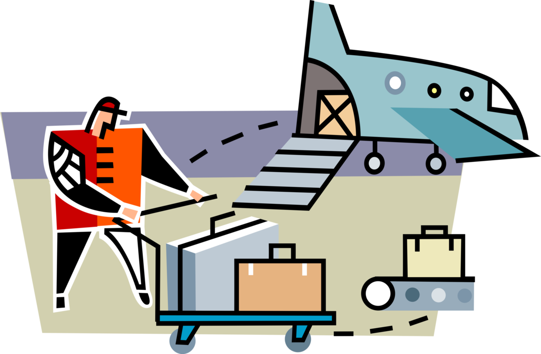 Vector Illustration of Airport Baggage Handler Loads Travel Luggage onto Commercial Airline Passenger Jet Airplane