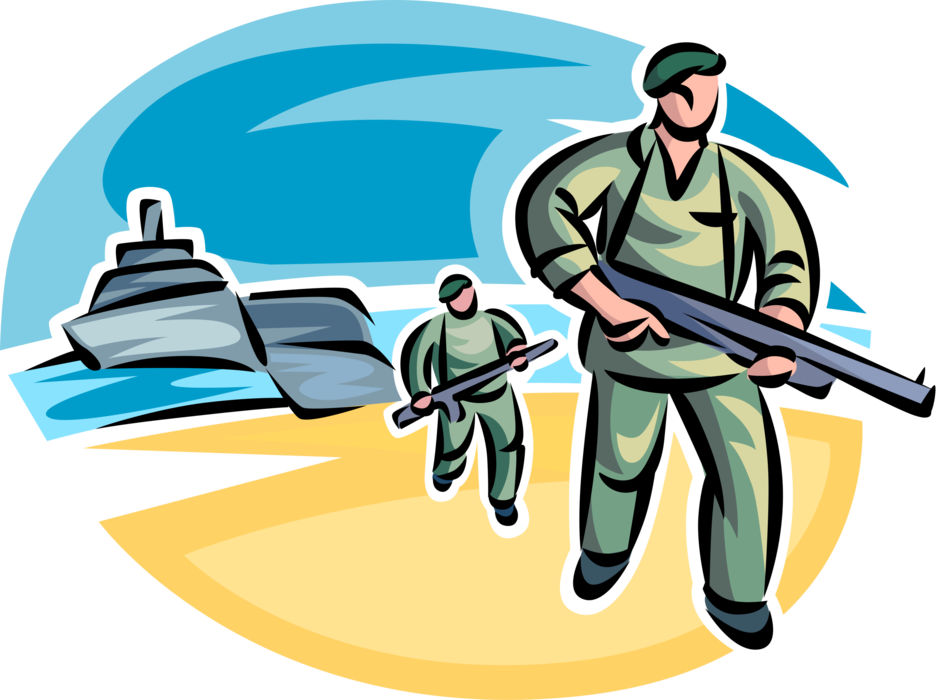 Vector Illustration of Heavily Armed United States Navy Seals Land on Beach Ready to Fight in Special Operations