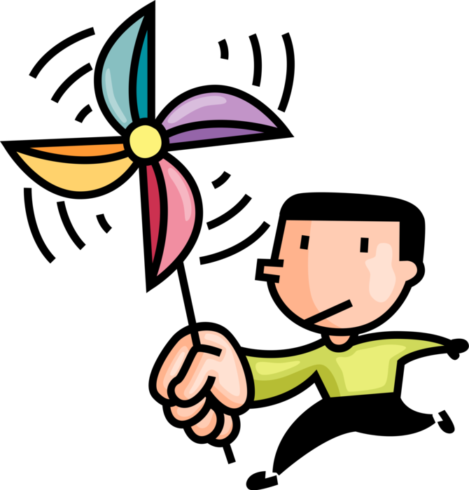 Vector Illustration of Boy Running with Pinwheel Spinning Toy