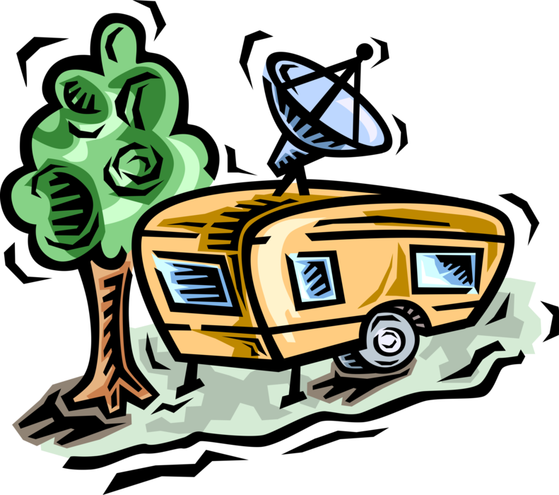 Vector Illustration of Outdoor Recreational Activity Camping Camper Trailer with Living Accommodation, Satellite Dish and Tree in Forest