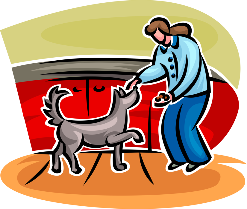 Vector Illustration of Woman Feeds Family Pet Dog
