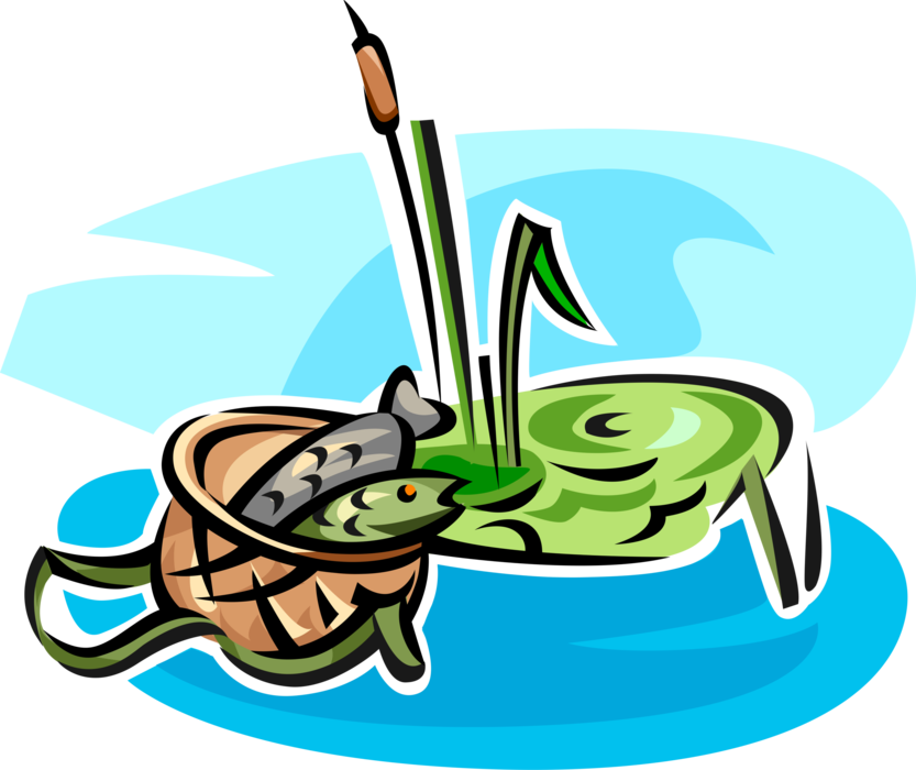 Vector Illustration of Sport Fisherman Angler's Fish Catch in Basket with Cattail Bulrushes