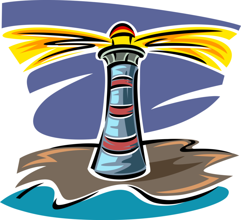 Vector Illustration of Lighthouse Beacon Emits Light as Navigational Aid for Maritime Vessels