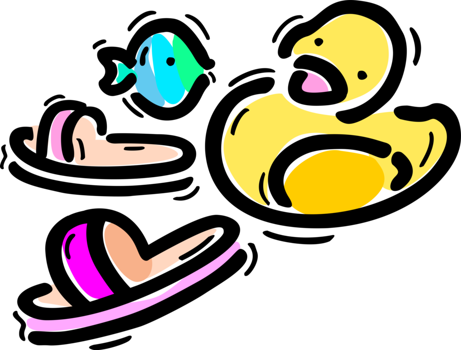 Vector Illustration of Sandals, Thong Flip-Flops or Casual Wear Beach Shoes Footwear and Rubber Duck Child's Bathtub Toys